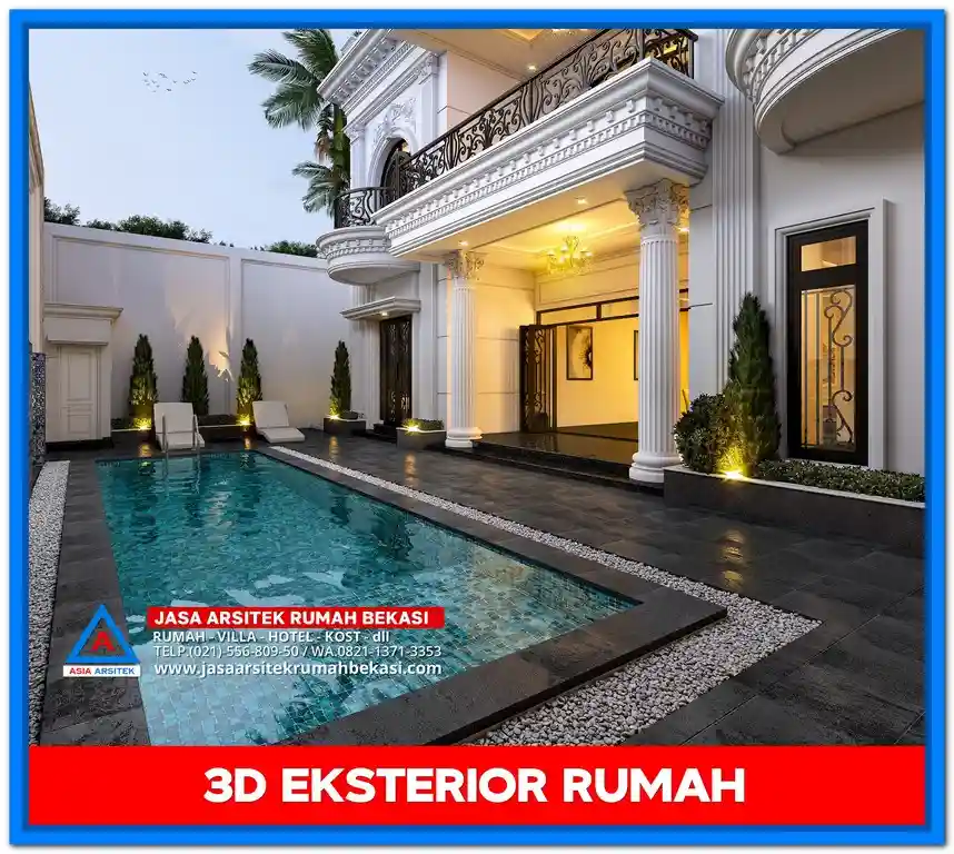 Desain Gambar Rumah Mewah Dengan Kolam Renang – Hunian modern dua lantai dengan kolam renang pribadi, area terbuka luas, dan arsitektur mewah bergaya tropis kontemporer