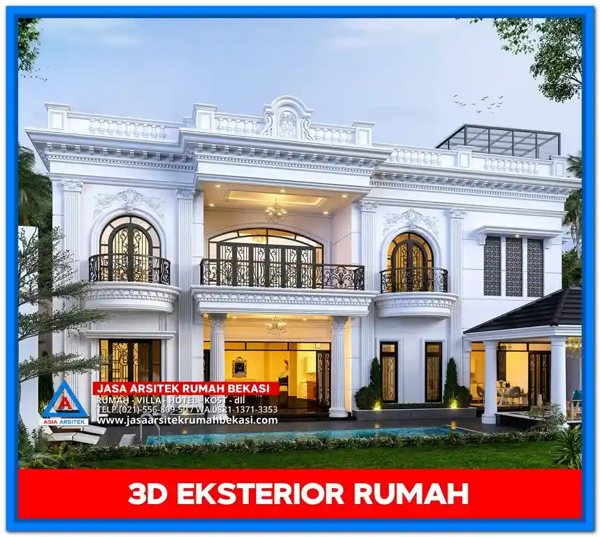 Desain Gambar Rumah Mewah Dengan Kolam Renang – Hunian modern dua lantai dengan kolam renang pribadi, area terbuka luas, dan arsitektur mewah bergaya tropis kontemporer