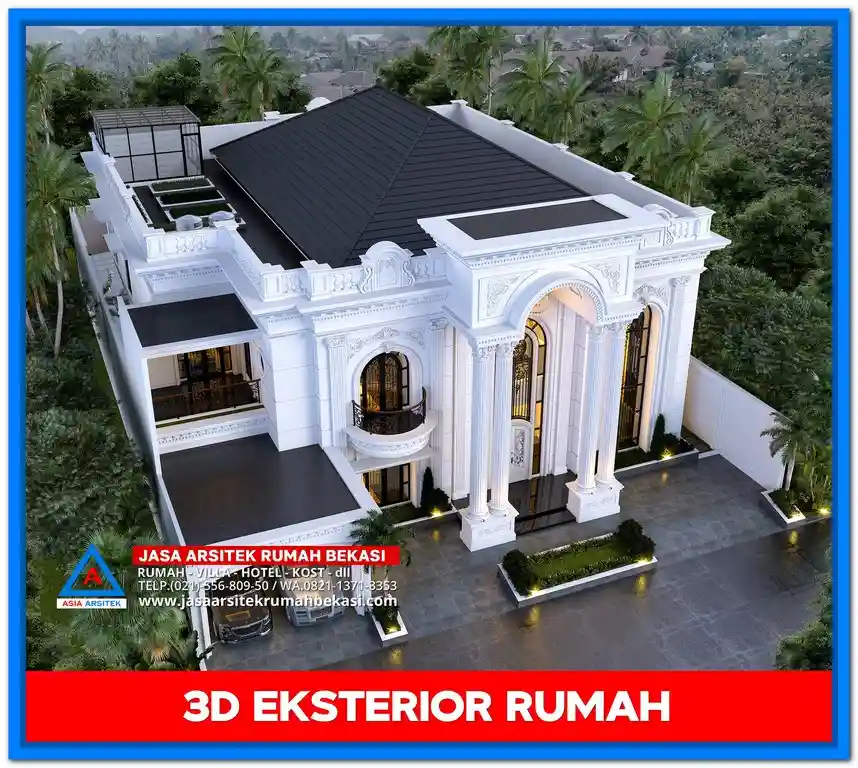 Desain Gambar Rumah Mewah Dengan Kolam Renang – Hunian modern dua lantai dengan kolam renang pribadi, area terbuka luas, dan arsitektur mewah bergaya tropis kontemporer
