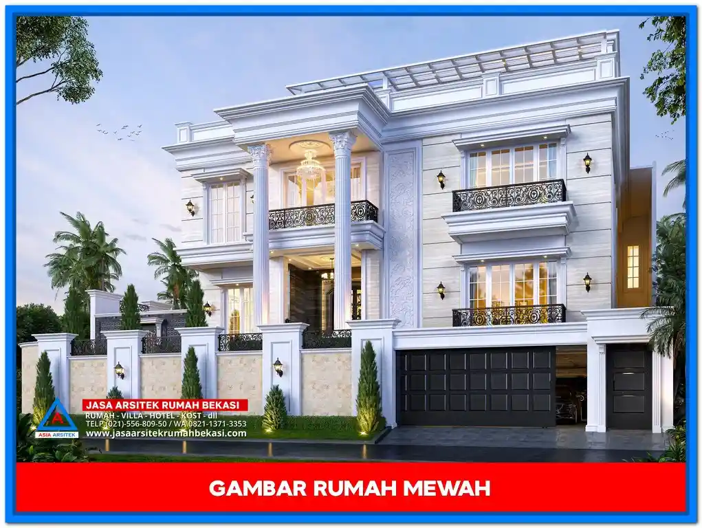Desain Rumah Mewah Modern – Tampak depan rumah 2 lantai bergaya kontemporer dengan jendela besar, garis tegas, dan sentuhan minimalis mewah.