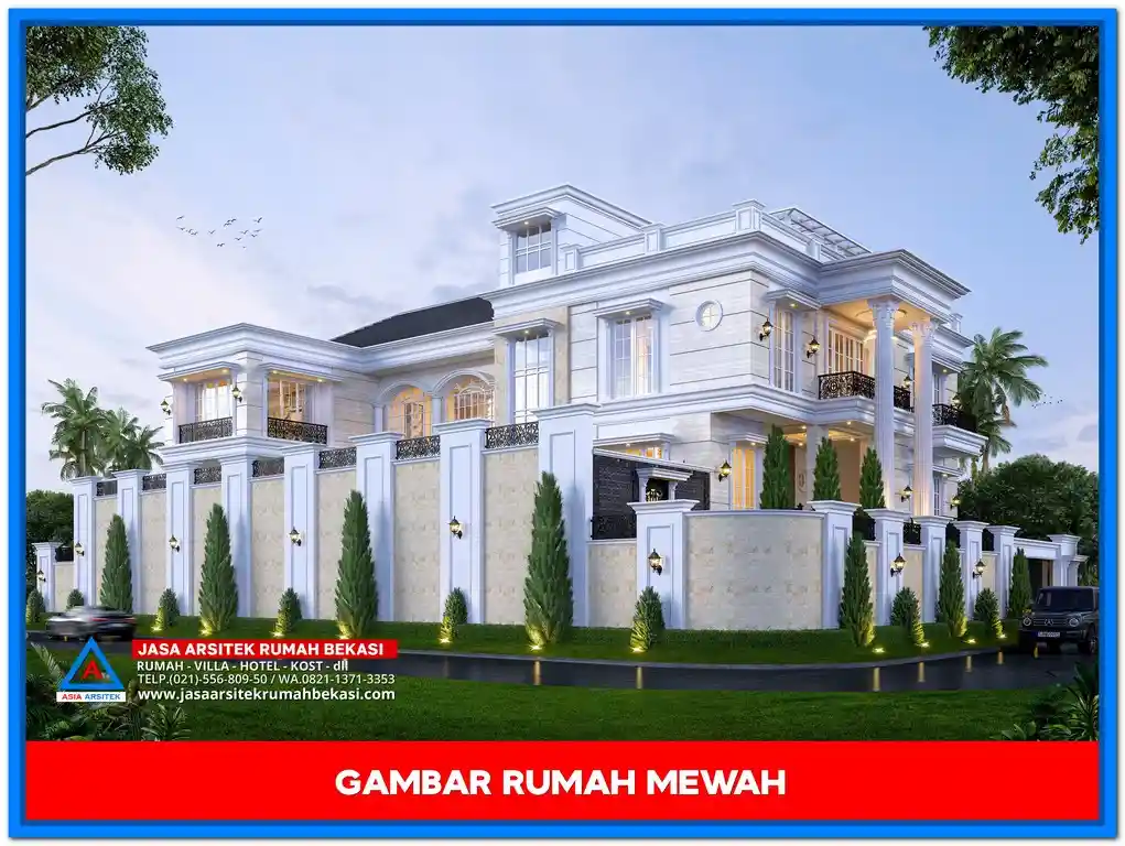 Desain Rumah Mewah Modern – Tampak depan rumah 2 lantai bergaya kontemporer dengan jendela besar, garis tegas, dan sentuhan minimalis mewah.