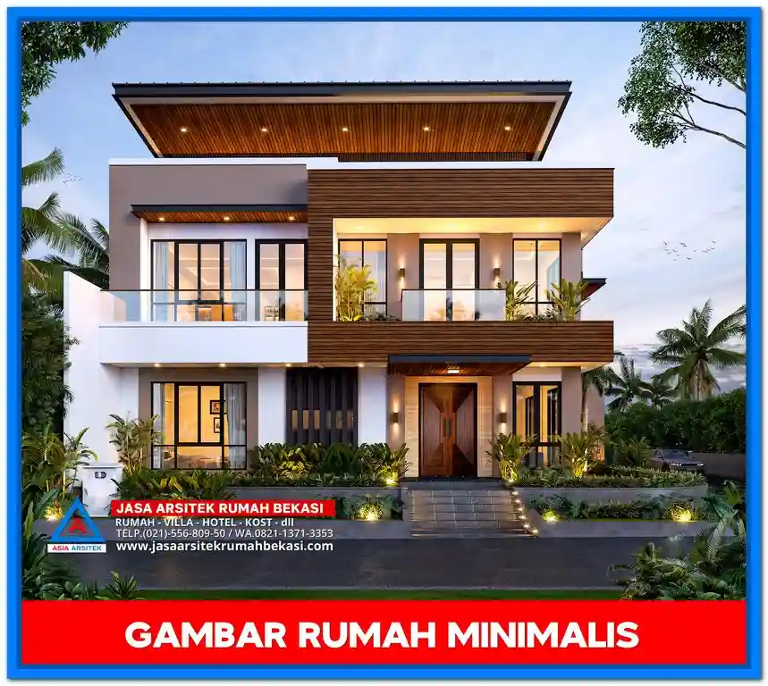 Desain Rumah Minimalis – Fasad rumah minimalis dengan tampilan clean, jendela besar untuk pencahayaan alami, dan aksen material kayu serta beton yang modern.