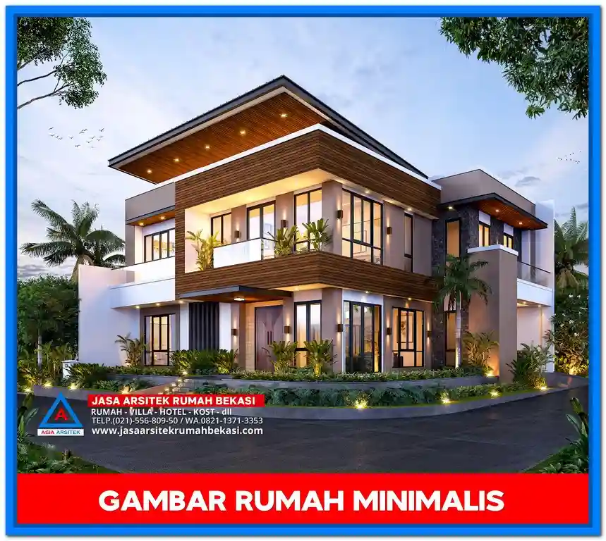 Desain Rumah Minimalis – Fasad rumah minimalis dengan tampilan clean, jendela besar untuk pencahayaan alami, dan aksen material kayu serta beton yang modern.