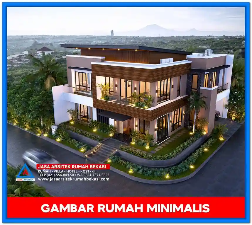 Desain Rumah Minimalis – Fasad rumah minimalis dengan tampilan clean, jendela besar untuk pencahayaan alami, dan aksen material kayu serta beton yang modern.