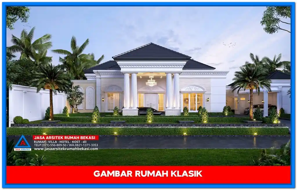 Gambar Rumah Klasik 1 Lantai dengan desain fasad mewah dan pilar megah bergaya Eropa elegan.