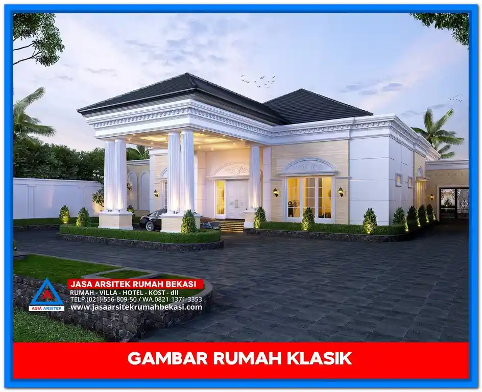 Gambar Rumah Klasik 1 Lantai dengan desain fasad mewah dan pilar megah bergaya Eropa elegan.