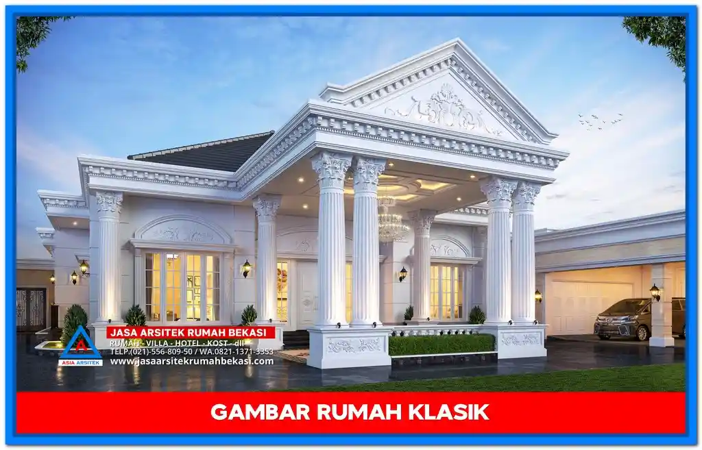 Gambar Rumah Klasik 1 Lantai Teras Luas di Lahan 60x46 Meter – Desain rumah klasik dengan teras luas, pilar elegan, dan detil arsitektur yang mempercantik fasad rumah di lahan yang sangat luas.