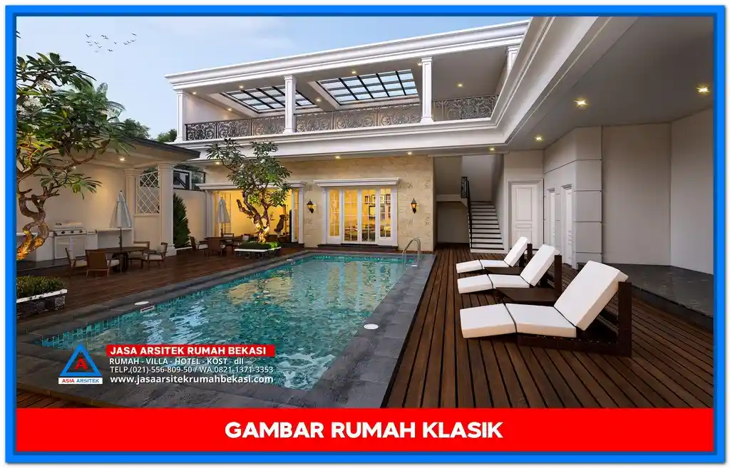Gambar Rumah Klasik 1 Lantai Teras Luas di Lahan 60x46 Meter – Desain rumah klasik dengan teras luas, pilar elegan, dan detil arsitektur yang mempercantik fasad rumah di lahan yang sangat luas.