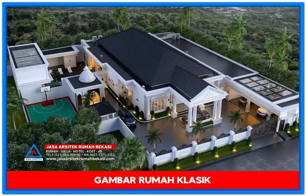 Gambar Rumah Klasik 1 Lantai Teras Luas di Lahan 60x46 Meter – Desain rumah klasik dengan teras luas, pilar elegan, dan detil arsitektur yang mempercantik fasad rumah di lahan yang sangat luas.