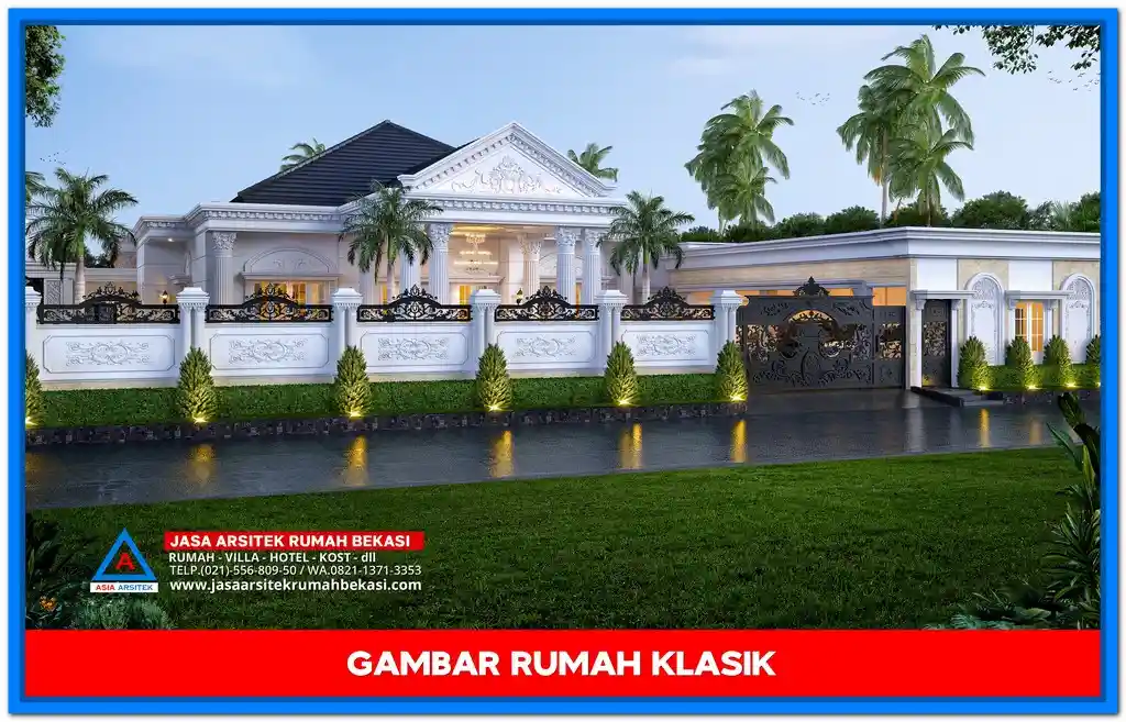 Gambar Rumah Klasik 1 Lantai Teras Luas di Lahan 60x46 Meter – Desain rumah klasik dengan teras luas, pilar elegan, dan detil arsitektur yang mempercantik fasad rumah di lahan yang sangat luas.