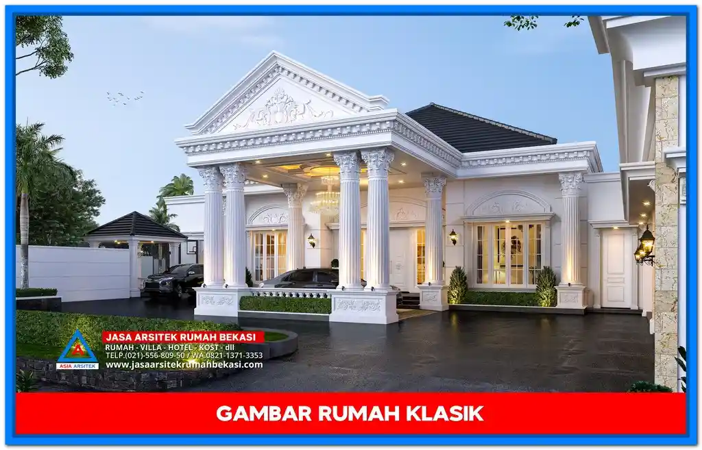 Gambar Rumah Klasik 1 Lantai Teras Luas di Lahan 60x46 Meter – Desain rumah klasik dengan teras luas, pilar elegan, dan detil arsitektur yang mempercantik fasad rumah di lahan yang sangat luas.