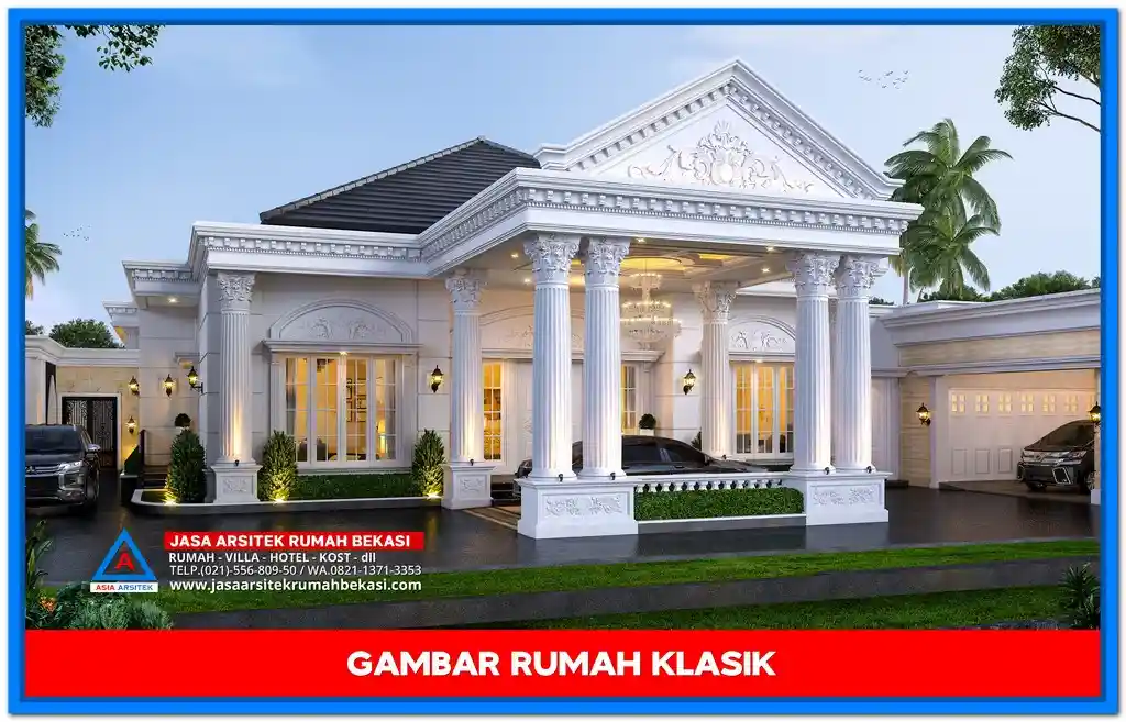 Gambar Rumah Klasik 1 Lantai Teras Luas di Lahan 60x46 Meter – Desain rumah klasik dengan teras luas, pilar elegan, dan detil arsitektur yang mempercantik fasad rumah di lahan yang sangat luas.