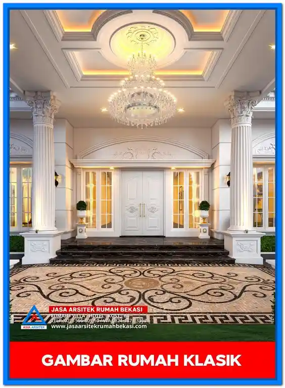 Gambar Rumah Klasik 1 Lantai Teras Luas di Lahan 60x46 Meter – Desain rumah klasik dengan teras luas, pilar elegan, dan detil arsitektur yang mempercantik fasad rumah di lahan yang sangat luas.