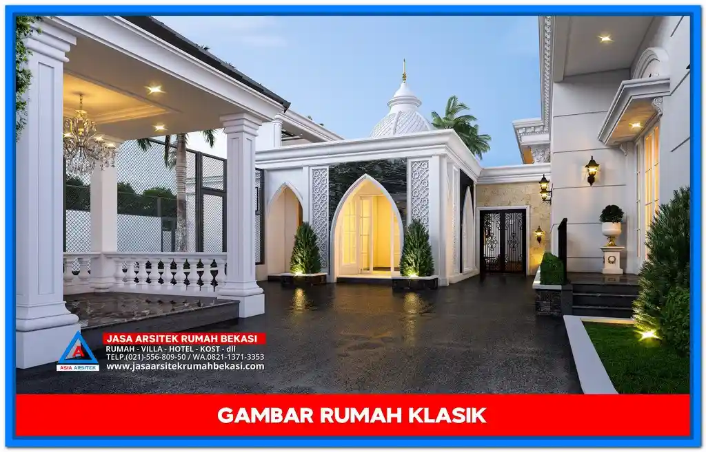 Gambar Rumah Klasik 1 Lantai Teras Luas di Lahan 60x46 Meter – Desain rumah klasik dengan teras luas, pilar elegan, dan detil arsitektur yang mempercantik fasad rumah di lahan yang sangat luas.