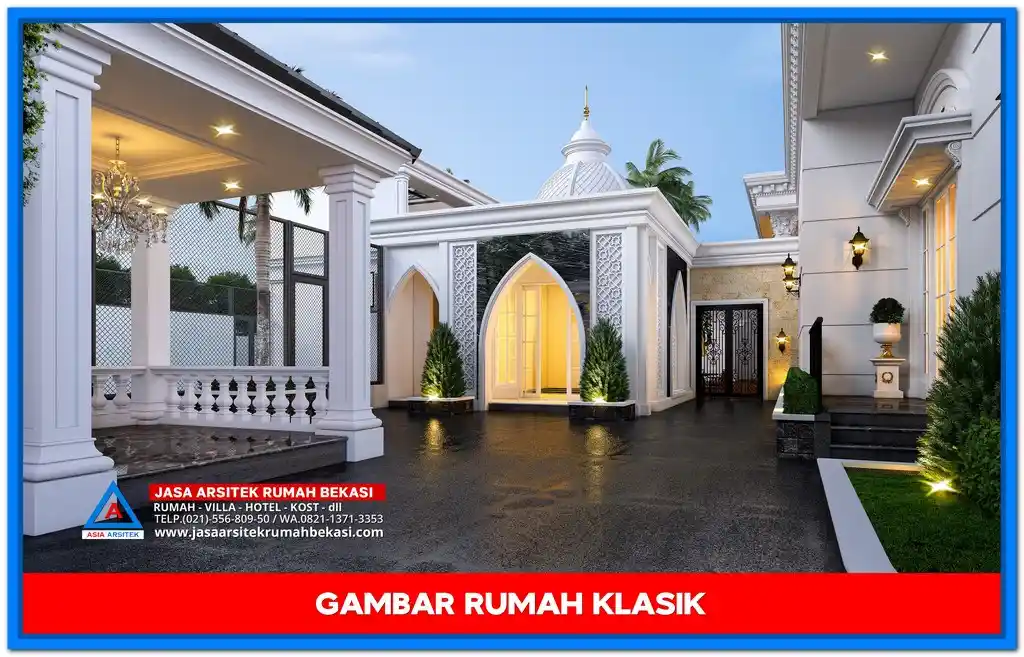 Gambar Rumah Klasik 1 Lantai Terbaru di Jambi – Desain rumah satu lantai bergaya klasik dengan pilar megah, teras lebar, dan ornamen elegan yang cocok untuk iklim tropis di Jambi