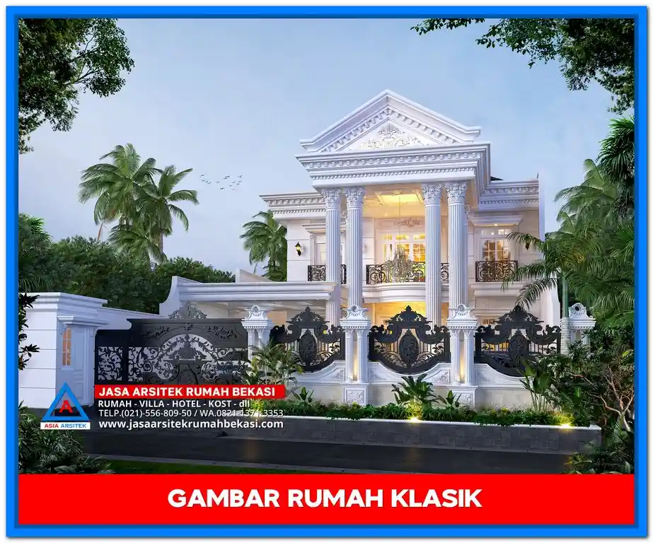 Gambar Rumah Klasik 15x35 Terbaru 2025 dengan desain elegan dan pilar megah gaya Eropa modern