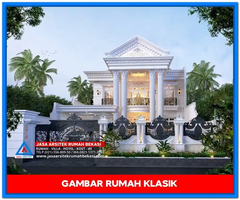 Gambar Rumah Klasik 15x35 Terbaru 2025 dengan desain elegan dan pilar megah gaya Eropa modern