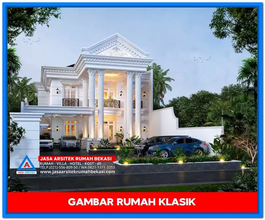 Gambar Rumah Klasik 15x35 Terbaru 2025 dengan desain elegan dan pilar megah gaya Eropa modern
