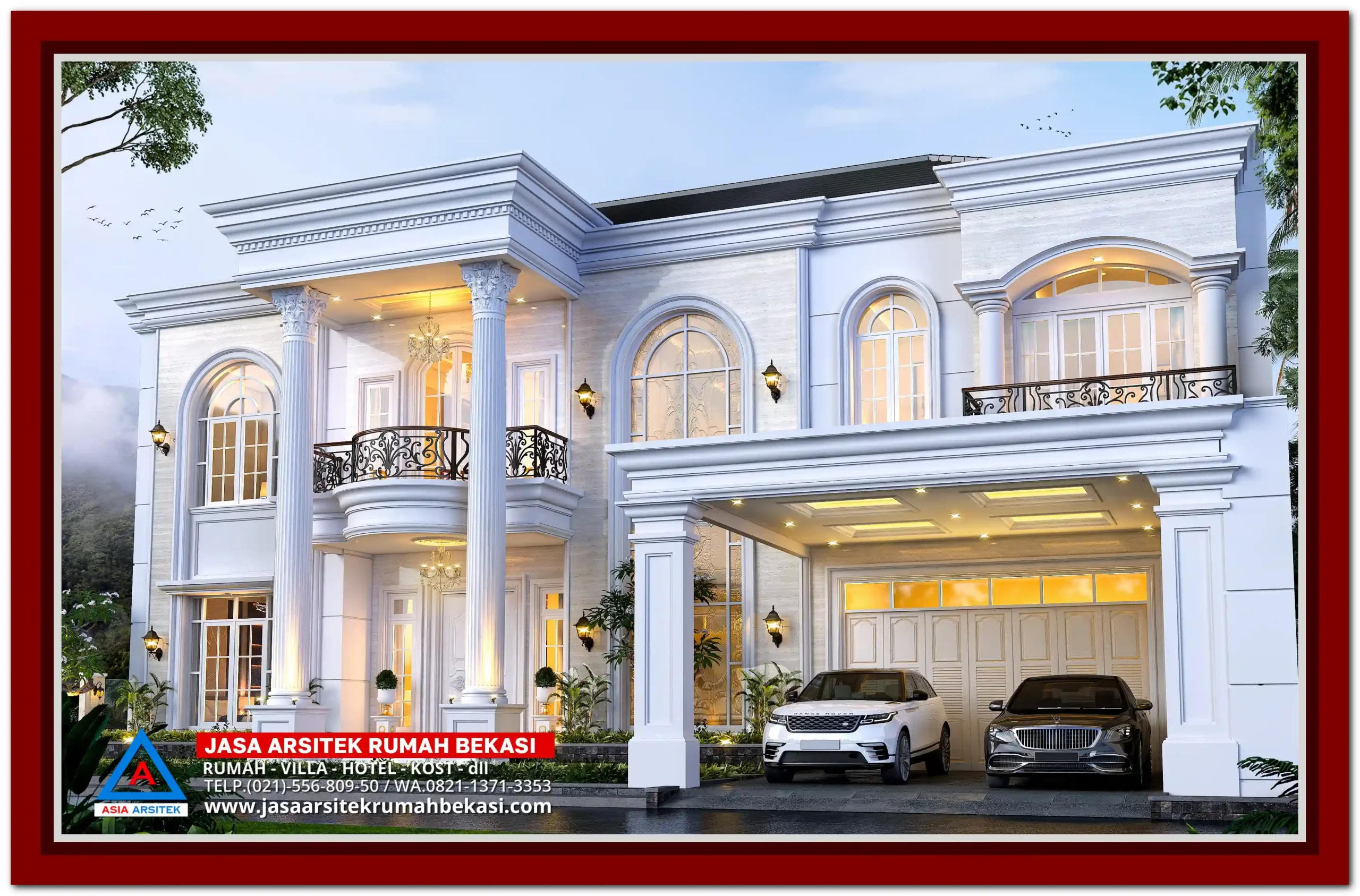 Gambar Rumah Klasik 20×30 Terbaru – Desain rumah klasik mewah dua lantai di atas lahan 20x30 meter dengan tampilan fasad elegan dan pilar tinggi