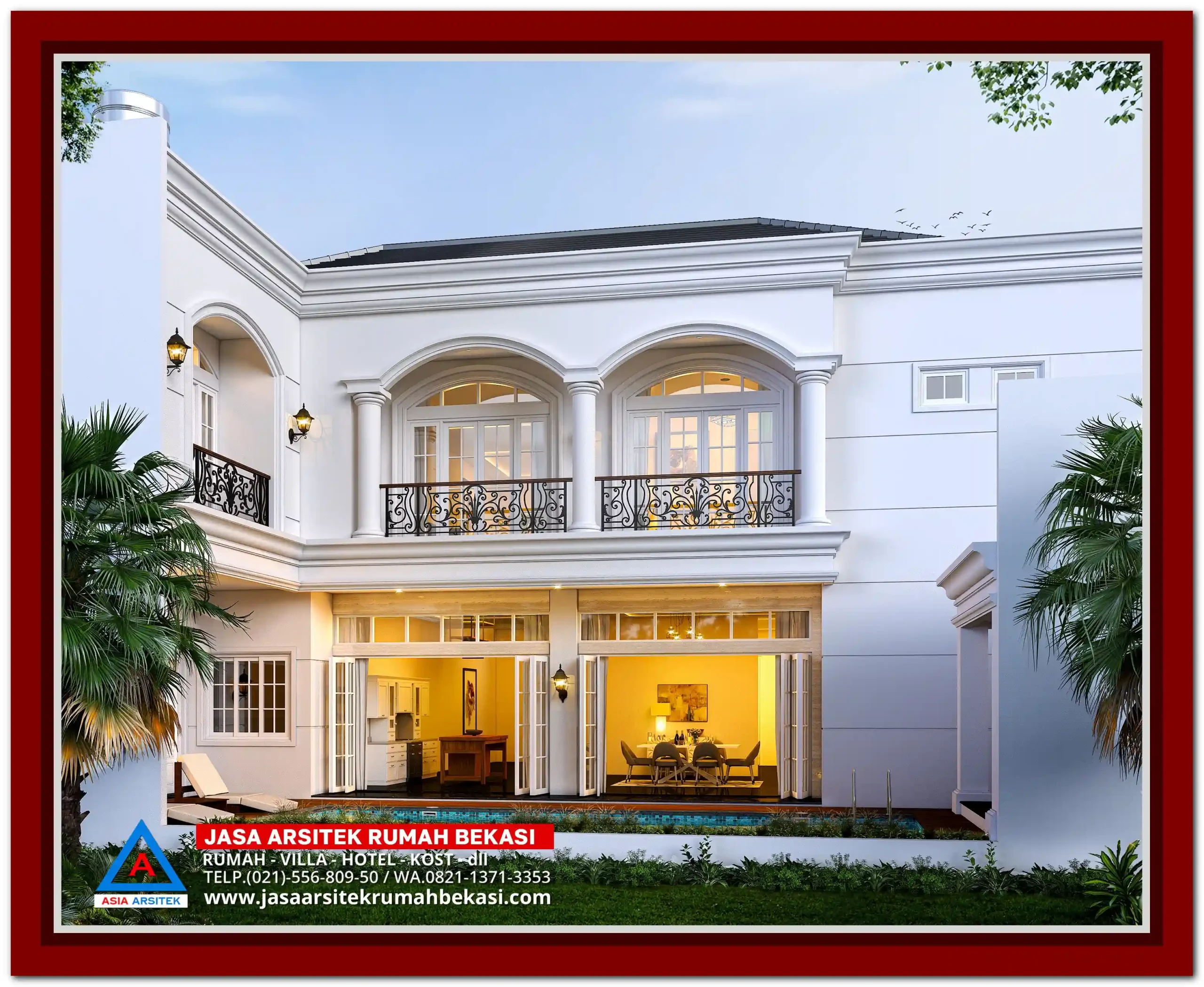 Gambar Rumah Klasik 20×30 Terbaru – Desain rumah klasik mewah dua lantai di atas lahan 20x30 meter dengan tampilan fasad elegan dan pilar tinggi
