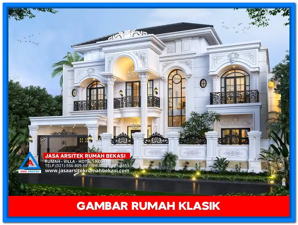 Gambar Rumah Klasik 3 lantai dengan desain menawan, pilar besar, balkon lengkung, dan ornamen elegan bergaya Eropa