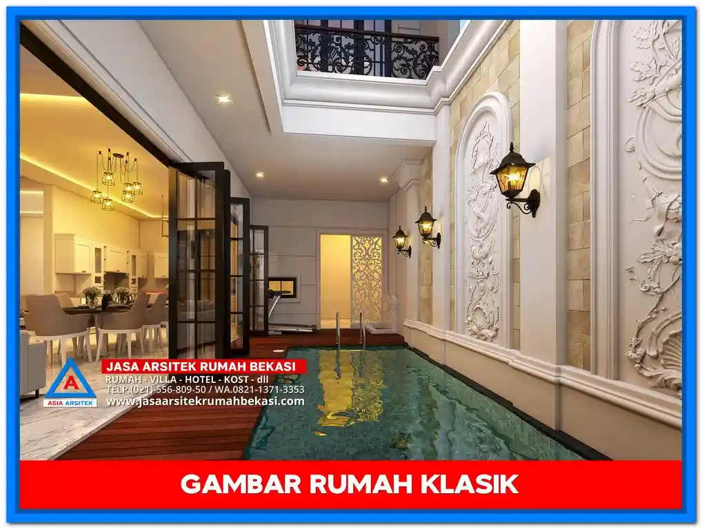 Gambar Rumah Klasik 3 lantai dengan desain menawan, pilar besar, balkon lengkung, dan ornamen elegan bergaya Eropa