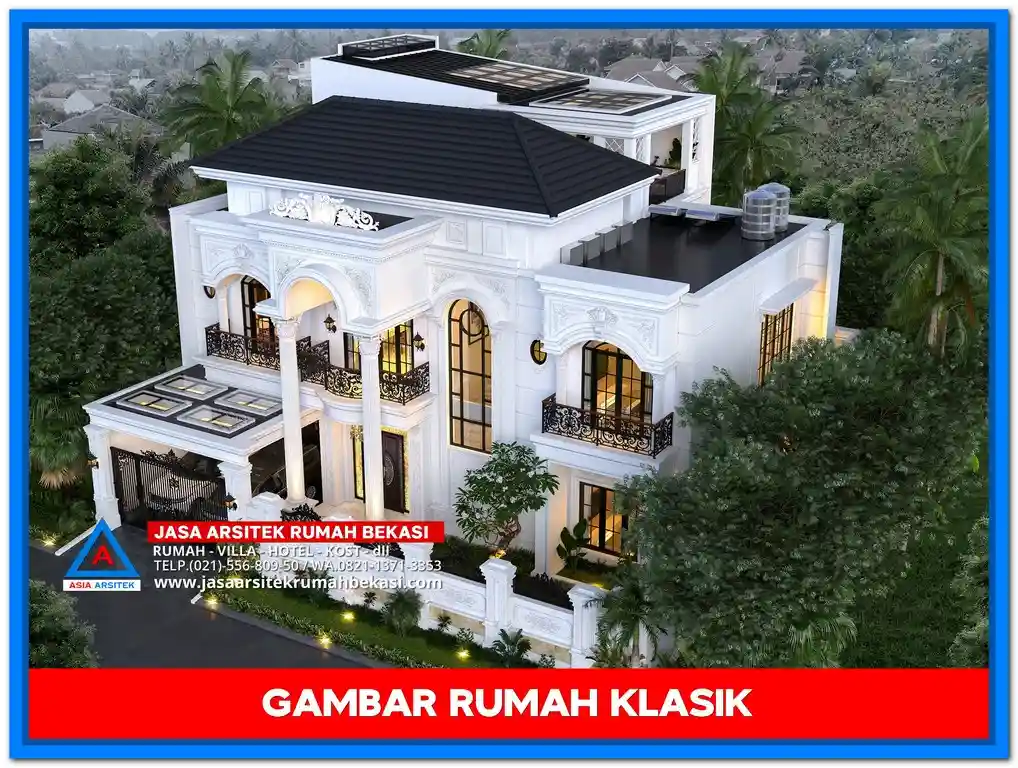Gambar Rumah Klasik 3 lantai dengan desain menawan, pilar besar, balkon lengkung, dan ornamen elegan bergaya Eropa