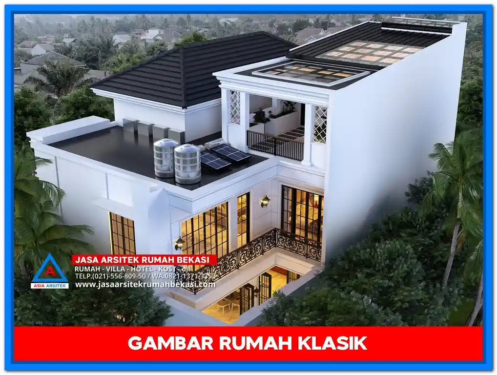 Gambar Rumah Klasik 3 lantai dengan desain menawan, pilar besar, balkon lengkung, dan ornamen elegan bergaya Eropa