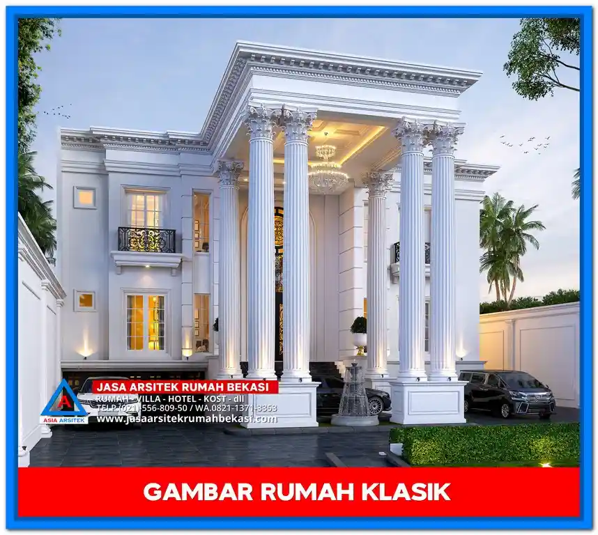Gambar Rumah Klasik 4 Lantai megah dengan pilar besar, balkon elegan, dan fasad bergaya Eropa yang menawan.