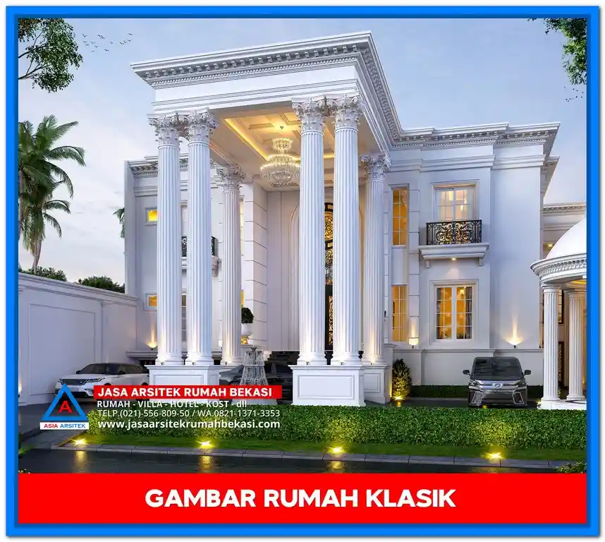 Gambar Rumah Klasik 4 Lantai megah dengan pilar besar, balkon elegan, dan fasad bergaya Eropa yang menawan.