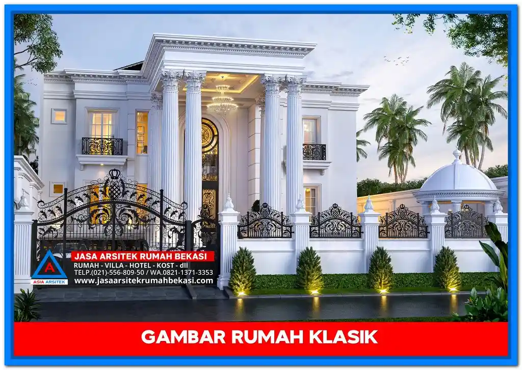 Gambar Rumah Klasik 4 Lantai megah dengan pilar besar, balkon elegan, dan fasad bergaya Eropa yang menawan.