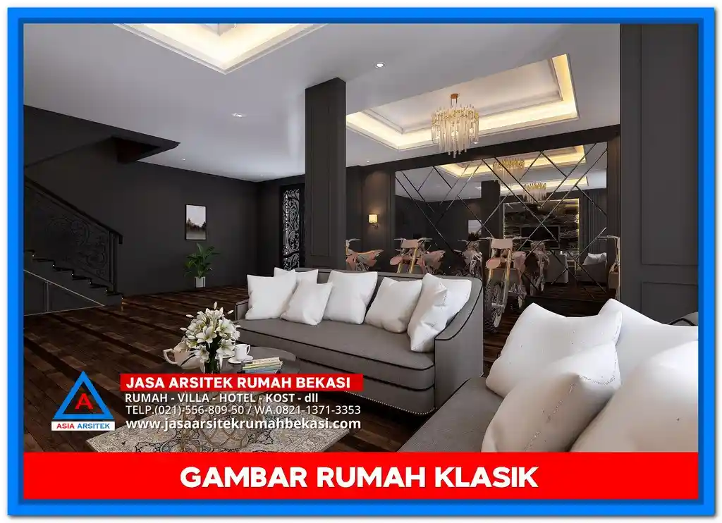Gambar Rumah Klasik 4 Lantai megah dengan pilar besar, balkon elegan, dan fasad bergaya Eropa yang menawan.