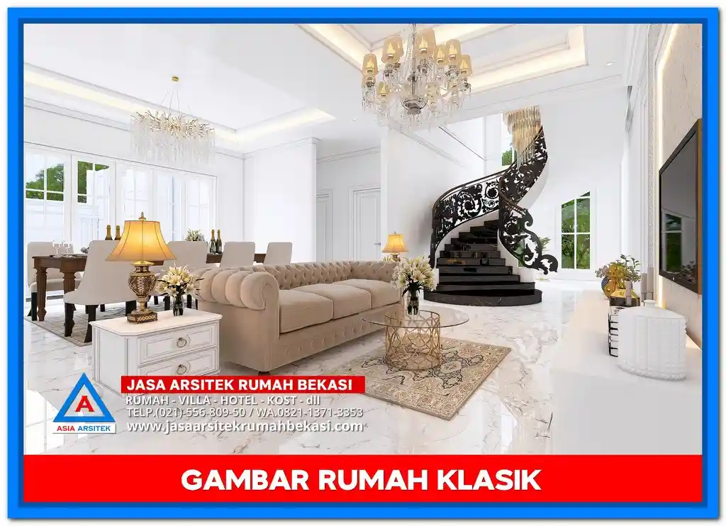 Gambar Rumah Klasik 4 Lantai megah dengan pilar besar, balkon elegan, dan fasad bergaya Eropa yang menawan.