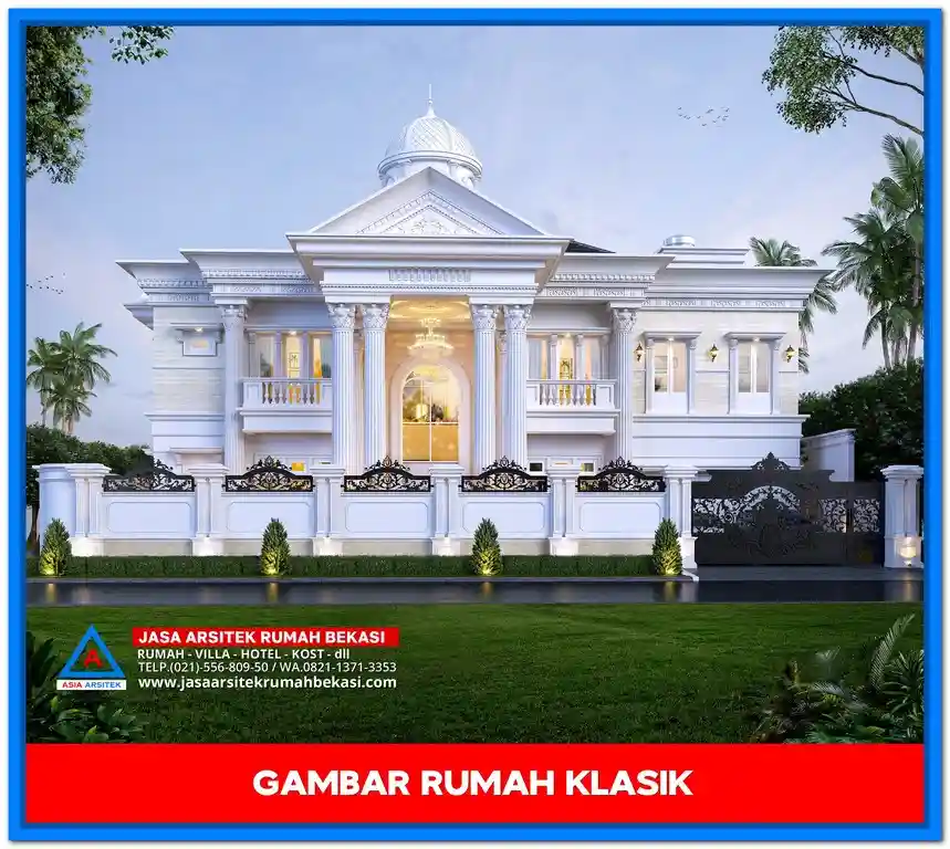 Gambar Rumah Klasik Dengan Pilar Megah – Desain rumah klasik elegan dengan pilar tinggi bergaya Romawi, jendela besar, dan ornamen detail yang menawan