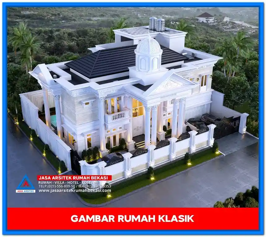 Gambar Rumah Klasik Dengan Pilar Megah – Desain rumah klasik elegan dengan pilar tinggi bergaya Romawi, jendela besar, dan ornamen detail yang menawan