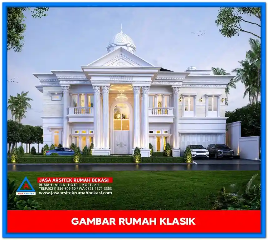 Gambar Rumah Klasik Dengan Pilar Megah – Desain rumah klasik elegan dengan pilar tinggi bergaya Romawi, jendela besar, dan ornamen detail yang menawan
