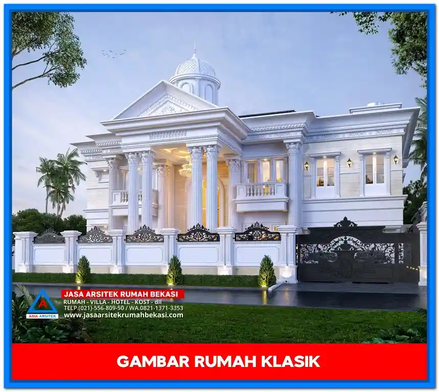 Gambar Rumah Klasik Dengan Pilar Megah – Desain rumah klasik elegan dengan pilar tinggi bergaya Romawi, jendela besar, dan ornamen detail yang menawan