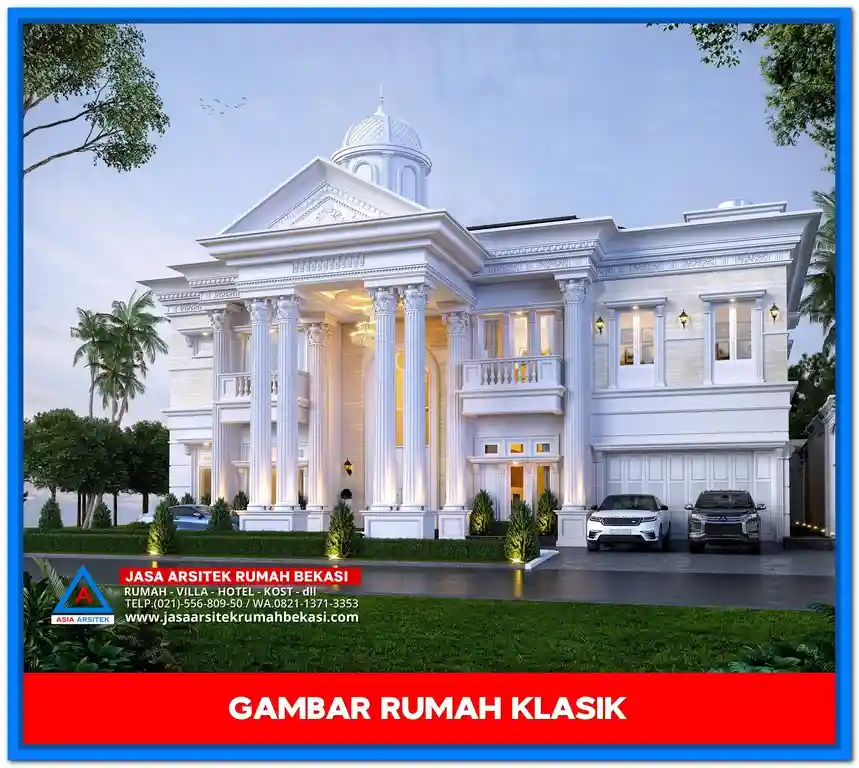 Gambar Rumah Klasik Dengan Pilar Megah – Desain rumah klasik elegan dengan pilar tinggi bergaya Romawi, jendela besar, dan ornamen detail yang menawan