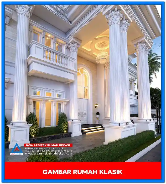 Gambar Rumah Klasik Dengan Pilar Megah – Desain rumah klasik elegan dengan pilar tinggi bergaya Romawi, jendela besar, dan ornamen detail yang menawan