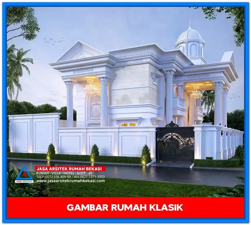 Gambar Rumah Klasik Dengan Pilar Megah – Desain rumah klasik elegan dengan pilar tinggi bergaya Romawi, jendela besar, dan ornamen detail yang menawan