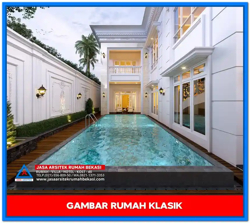 Gambar Rumah Klasik Dengan Pilar Megah – Desain rumah klasik elegan dengan pilar tinggi bergaya Romawi, jendela besar, dan ornamen detail yang menawan
