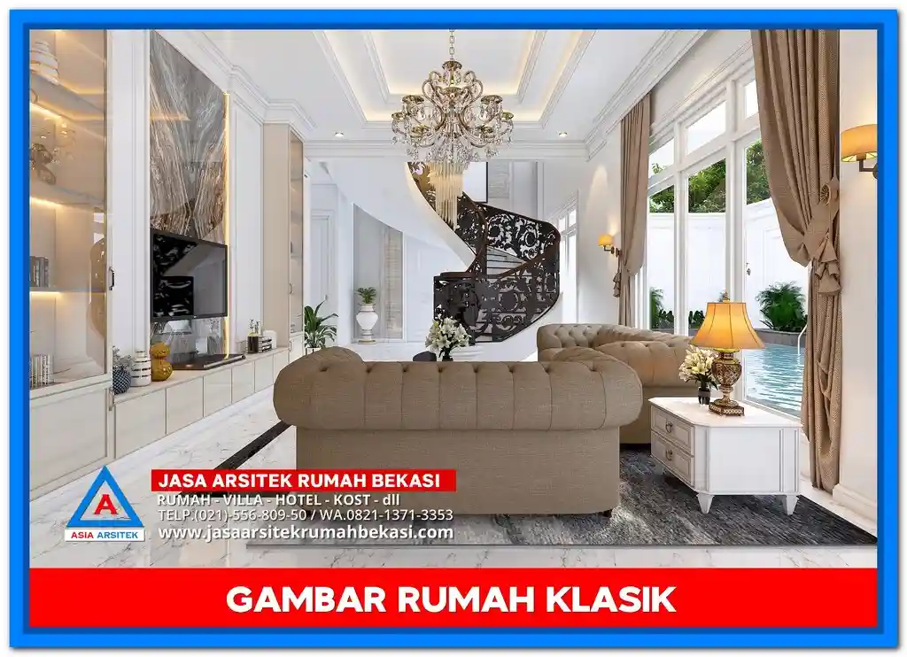 Gambar Rumah Klasik Dengan Pilar Megah – Desain rumah klasik elegan dengan pilar tinggi bergaya Romawi, jendela besar, dan ornamen detail yang menawan