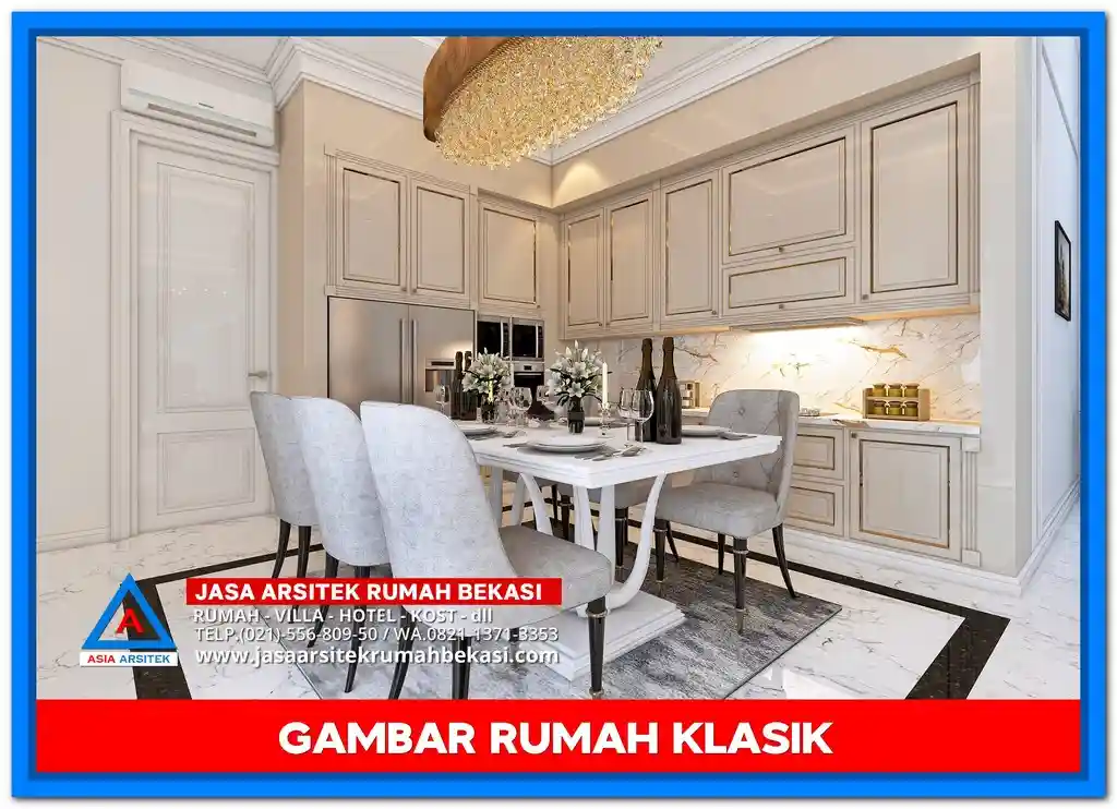 Gambar Rumah Klasik Dengan Pilar Megah – Desain rumah klasik elegan dengan pilar tinggi bergaya Romawi, jendela besar, dan ornamen detail yang menawan