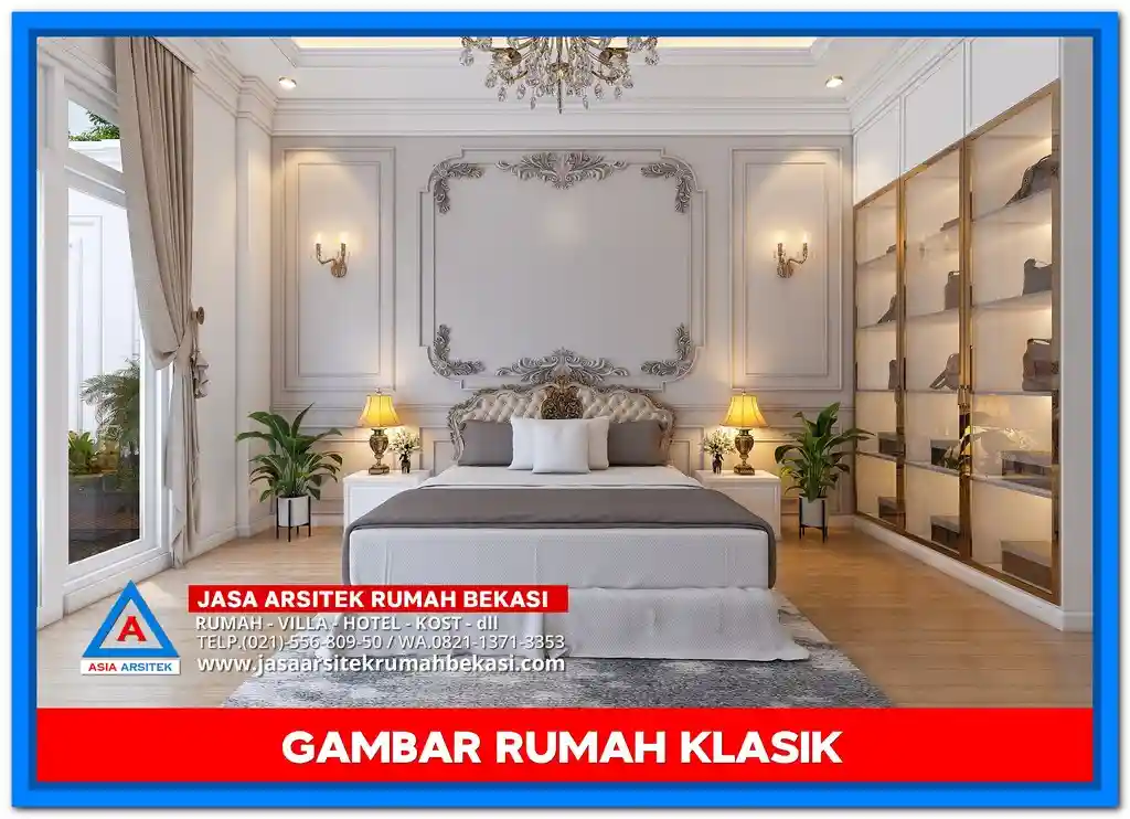 Gambar Rumah Klasik Dengan Pilar Megah – Desain rumah klasik elegan dengan pilar tinggi bergaya Romawi, jendela besar, dan ornamen detail yang menawan