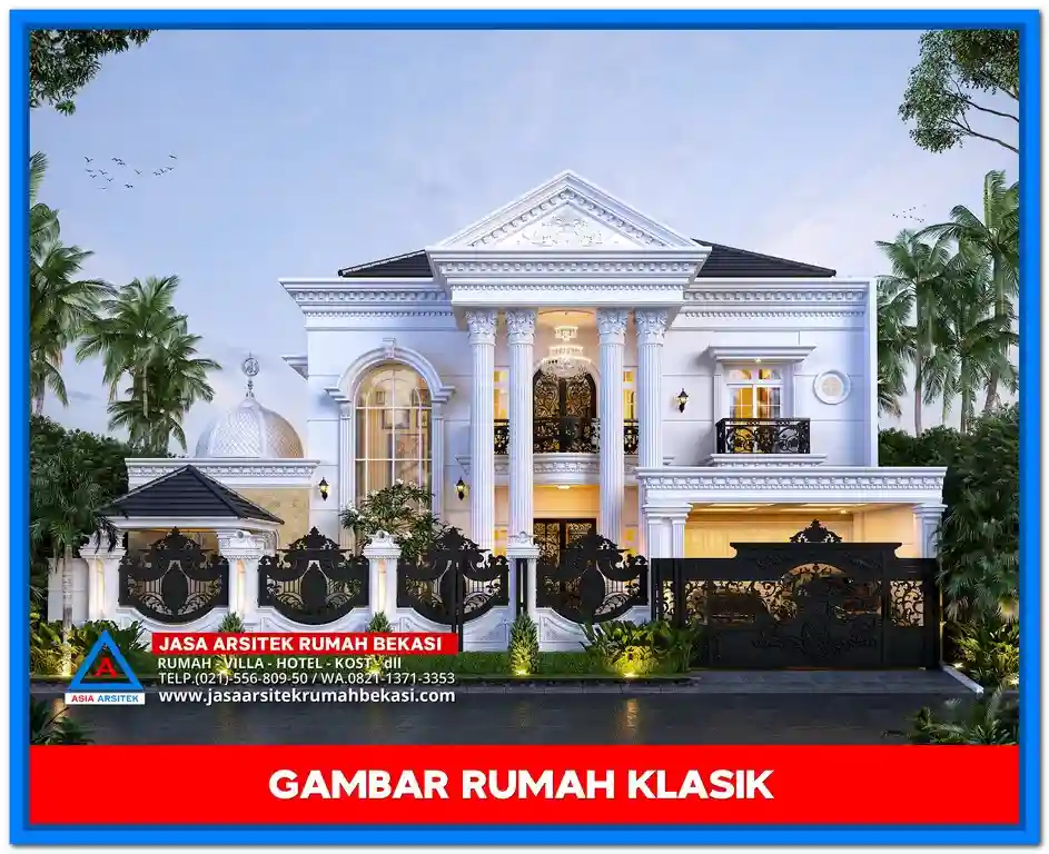 Gambar Rumah Klasik Mewah 2 Lantai di Lahan 20x20 Meter – Desain fasad megah dengan pilar kokoh, detail ornamen klasik, dan tampilan simetris di lahan persegi yang luas
