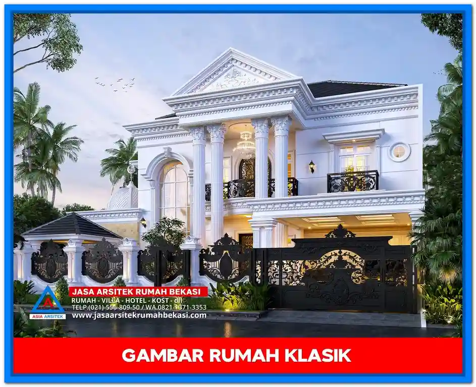 Gambar Rumah Klasik Mewah 2 Lantai di Lahan 20x20 Meter – Desain fasad megah dengan pilar kokoh, detail ornamen klasik, dan tampilan simetris di lahan persegi yang luas