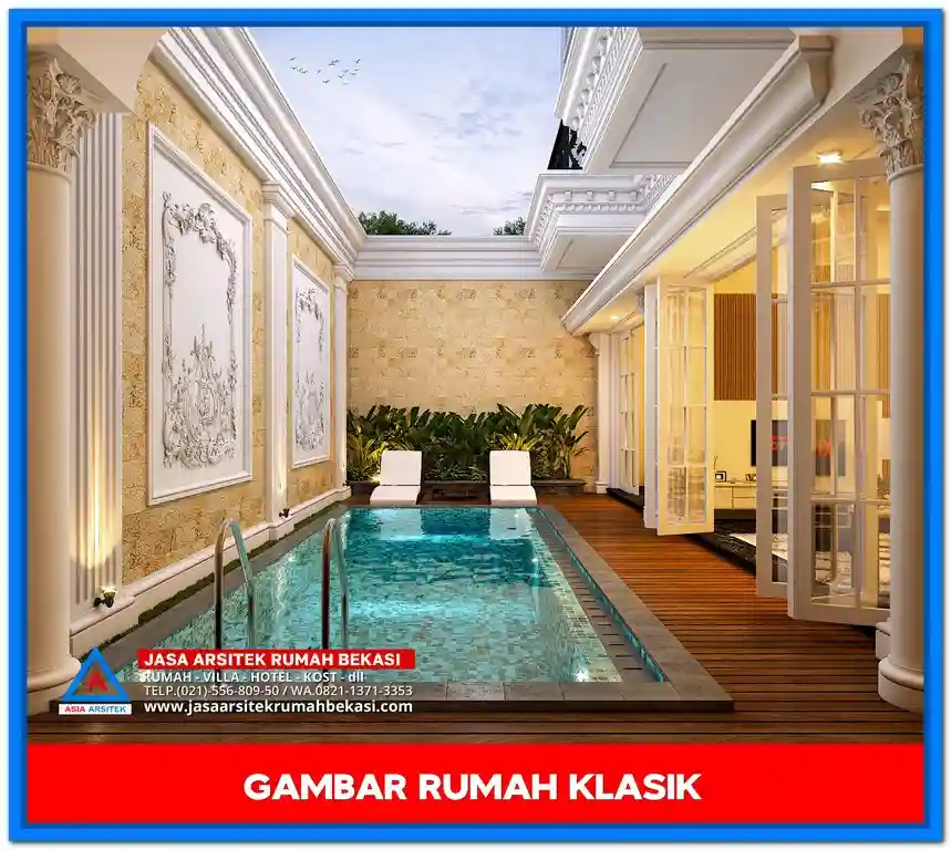 Gambar Rumah Klasik Mewah 2 Lantai di Lahan 20x20 Meter – Desain fasad megah dengan pilar kokoh, detail ornamen klasik, dan tampilan simetris di lahan persegi yang luas