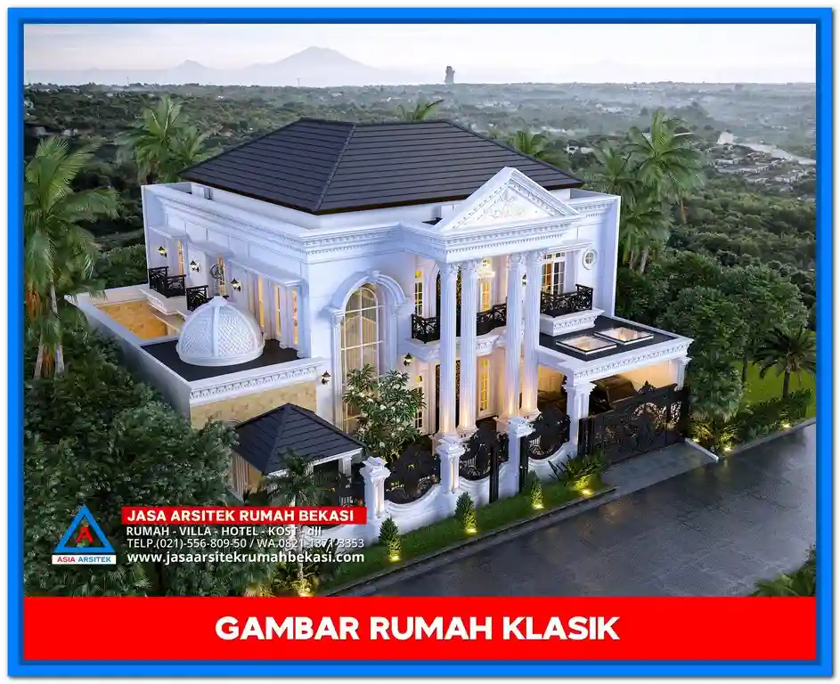 Gambar Rumah Klasik Mewah 2 Lantai di Lahan 20x20 Meter – Desain fasad megah dengan pilar kokoh, detail ornamen klasik, dan tampilan simetris di lahan persegi yang luas