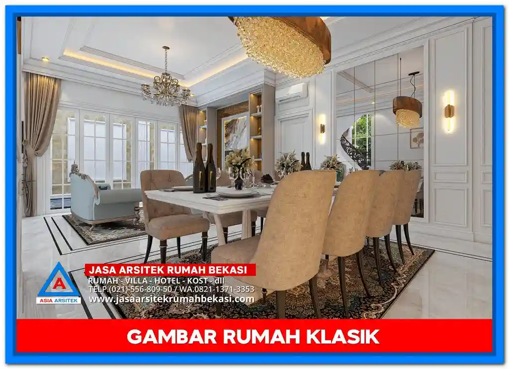 Gambar Rumah Klasik Mewah 2 Lantai di Lahan 20x20 Meter – Desain fasad megah dengan pilar kokoh, detail ornamen klasik, dan tampilan simetris di lahan persegi yang luas