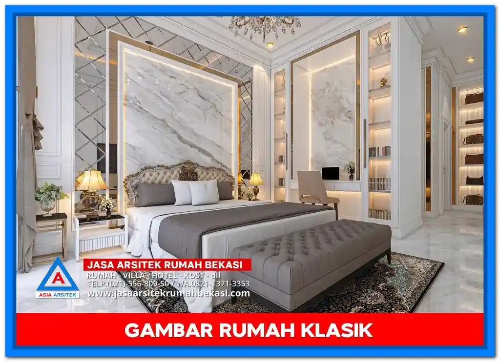 Gambar Rumah Klasik Mewah 2 Lantai di Lahan 20x20 Meter – Desain fasad megah dengan pilar kokoh, detail ornamen klasik, dan tampilan simetris di lahan persegi yang luas